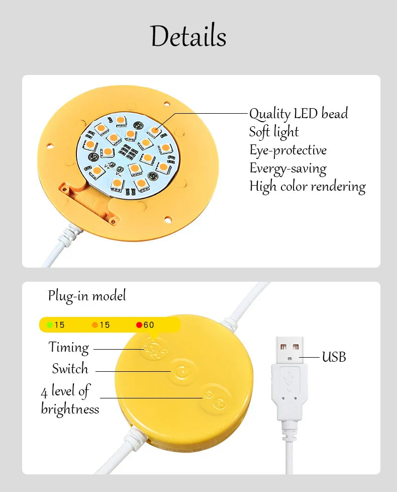 LED light bulb with features listed on a gray background