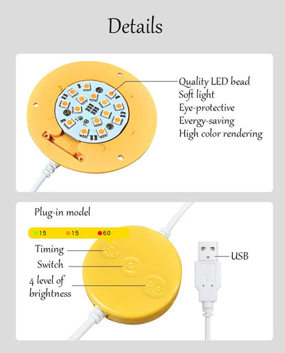 LED light bulb with features listed on a gray background
