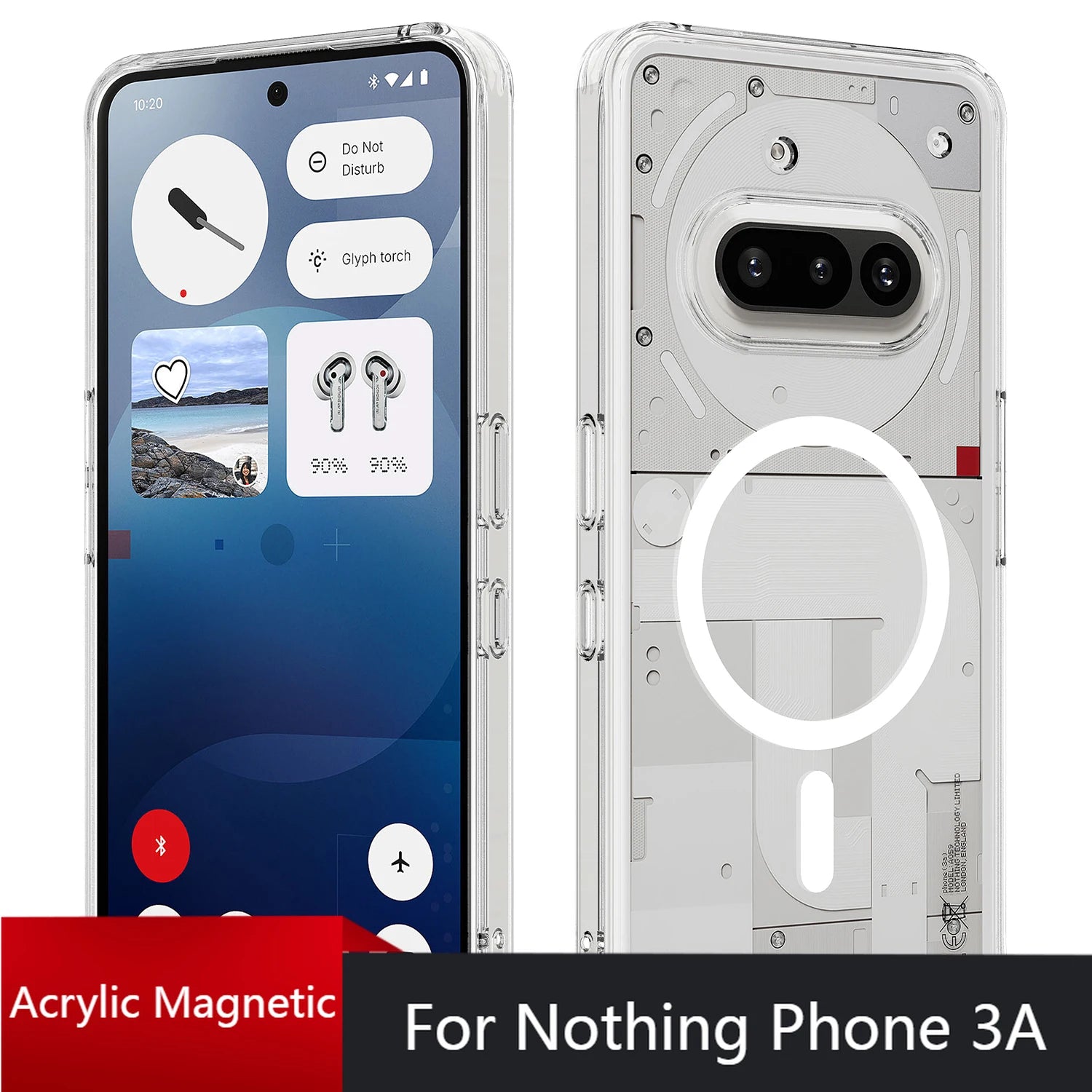 Clear phone case with magnetic feature for Nothing Phone 3A, showing front and back views.