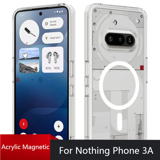Clear phone case with magnetic feature for Nothing Phone 3A, showing front and back views.