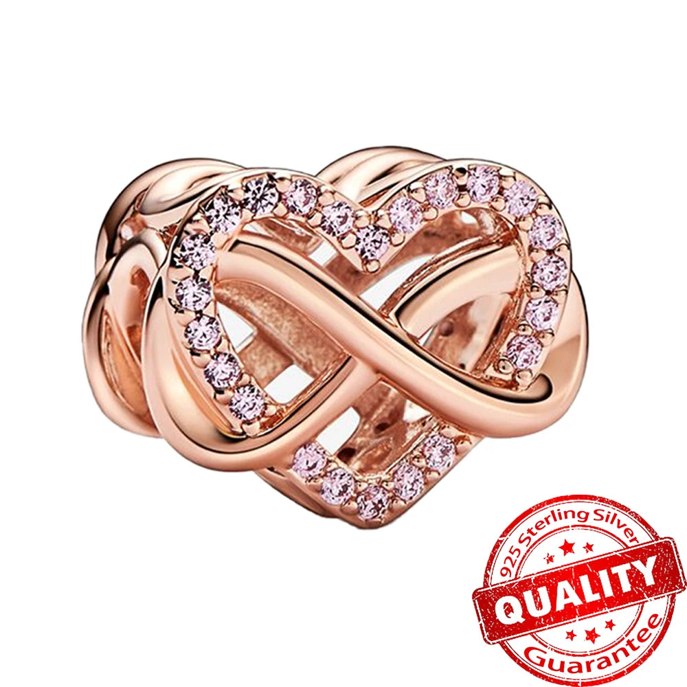 Sparkling Rose Gold Pavé Triple-row Beads Pink Gem Entwined Hearts Charm Fits Brand Bracelet Pure Ember