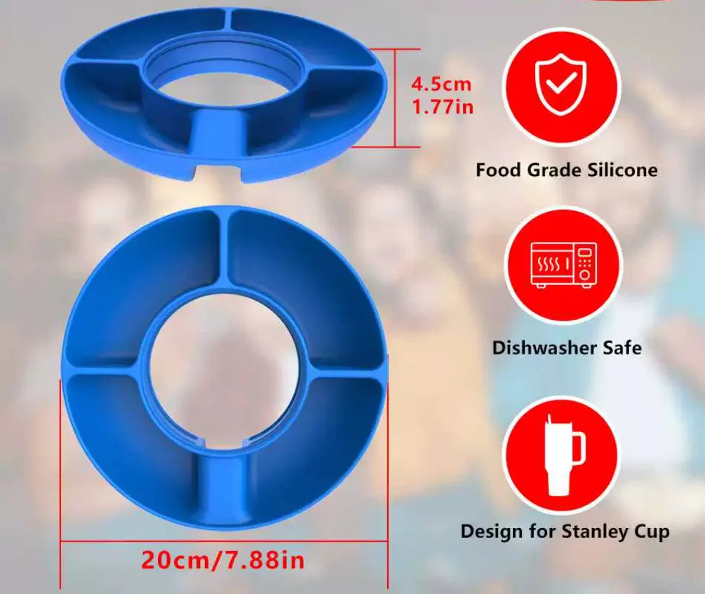Stanley cup tray Blue silicone cup holder with features highlighted on a blurred background