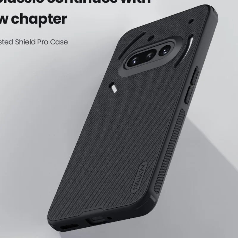 Black phone case with brand logo on a light gray background