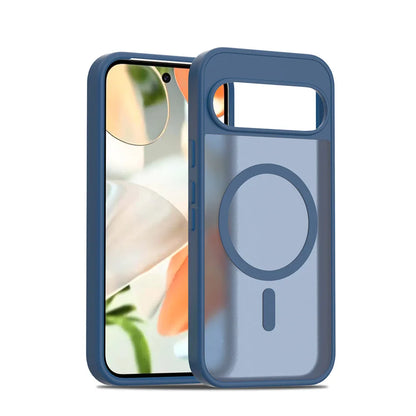 Blue phone case with a clear back and magnetic ring on a white background