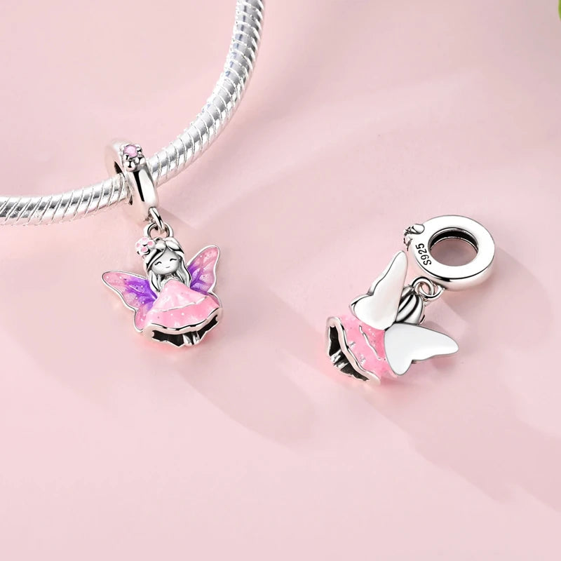925 Sterling Silver Pink Charms Bead Butterfly Fairy Elephant Fox Pendants Pure Ember