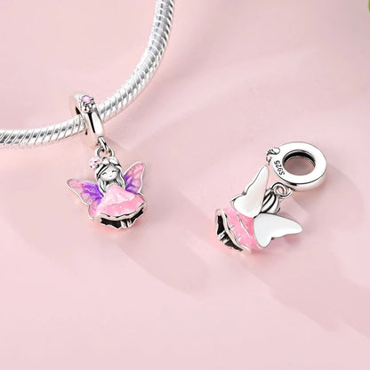 925 Sterling Silver Pink Charms Bead Butterfly Fairy Elephant Fox Pendants Pure Ember