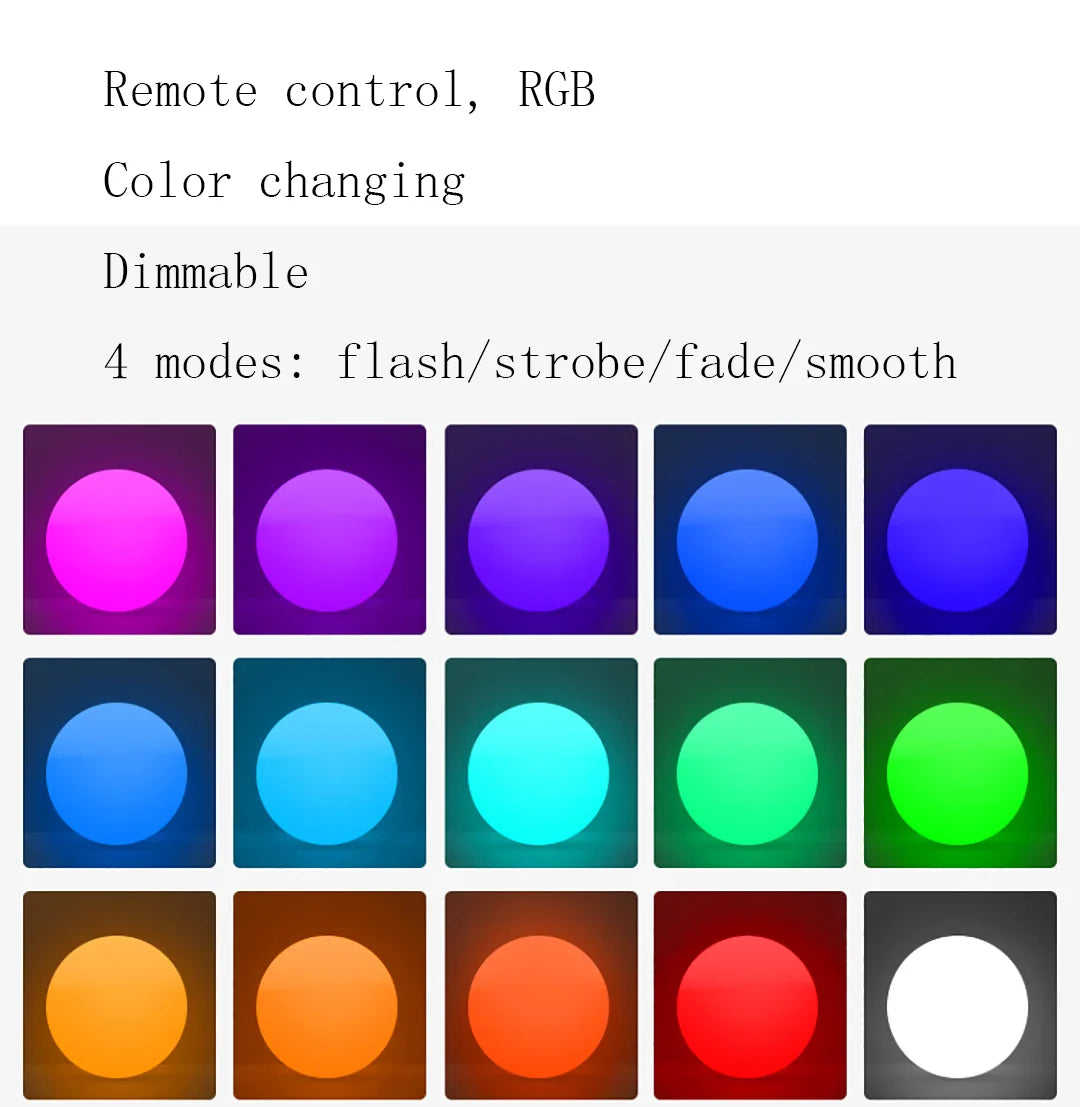 RGB color changing lights with remote control, dimmable, and four modes on a white background.