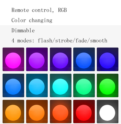 RGB color changing lights with remote control, dimmable, and four modes on a white background.