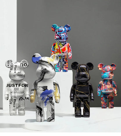 Collection of colorful and stylized bear figurines on a gray background be@rbrick collectable
