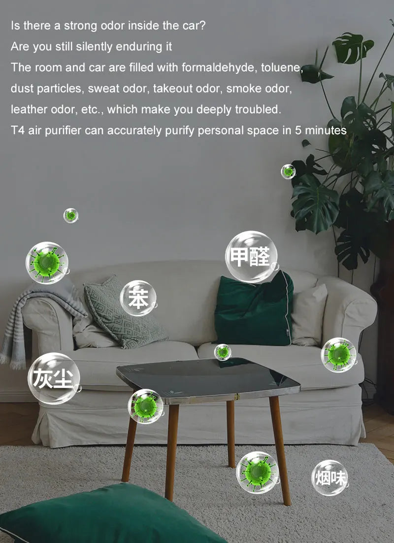Living room with a sofa, coffee table, and plants, featuring text about air purifier benefits.