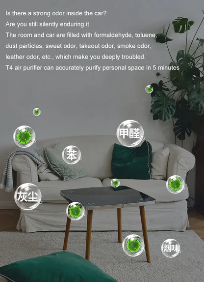 Living room with a sofa, coffee table, and plants, featuring text about air purifier benefits.