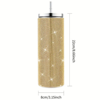 Decorative bottle with rhinestone embellishments and measurements on a white background