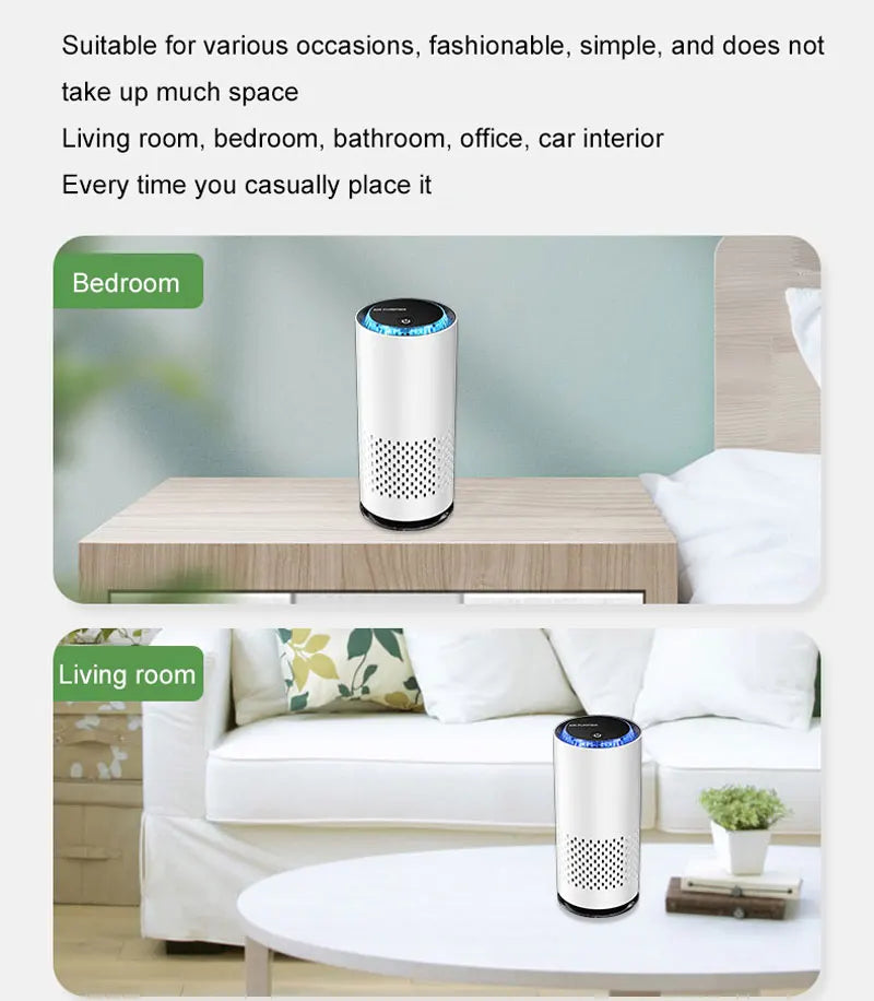 Air purifier shown in a bedroom and living room setting with text about its versatility.