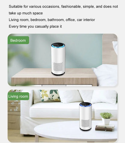 Air purifier shown in a bedroom and living room setting with text about its versatility.