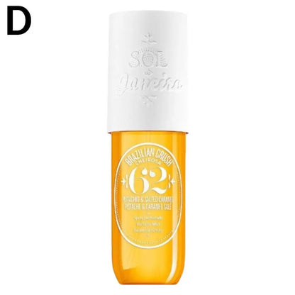 Sol Janeteiro 62 Yellow and white cosmetic bottle with branding on a white background