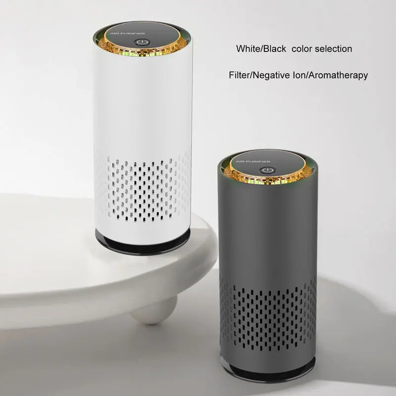 Two cylindrical air purifiers, one white and one gray, on a light gray background.