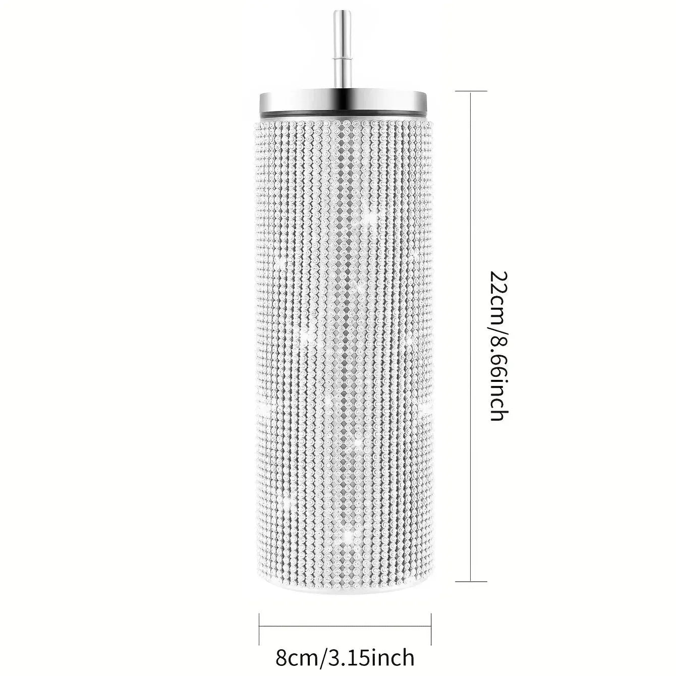 Tumbler with rhinestone embellishments and measurements on a white background