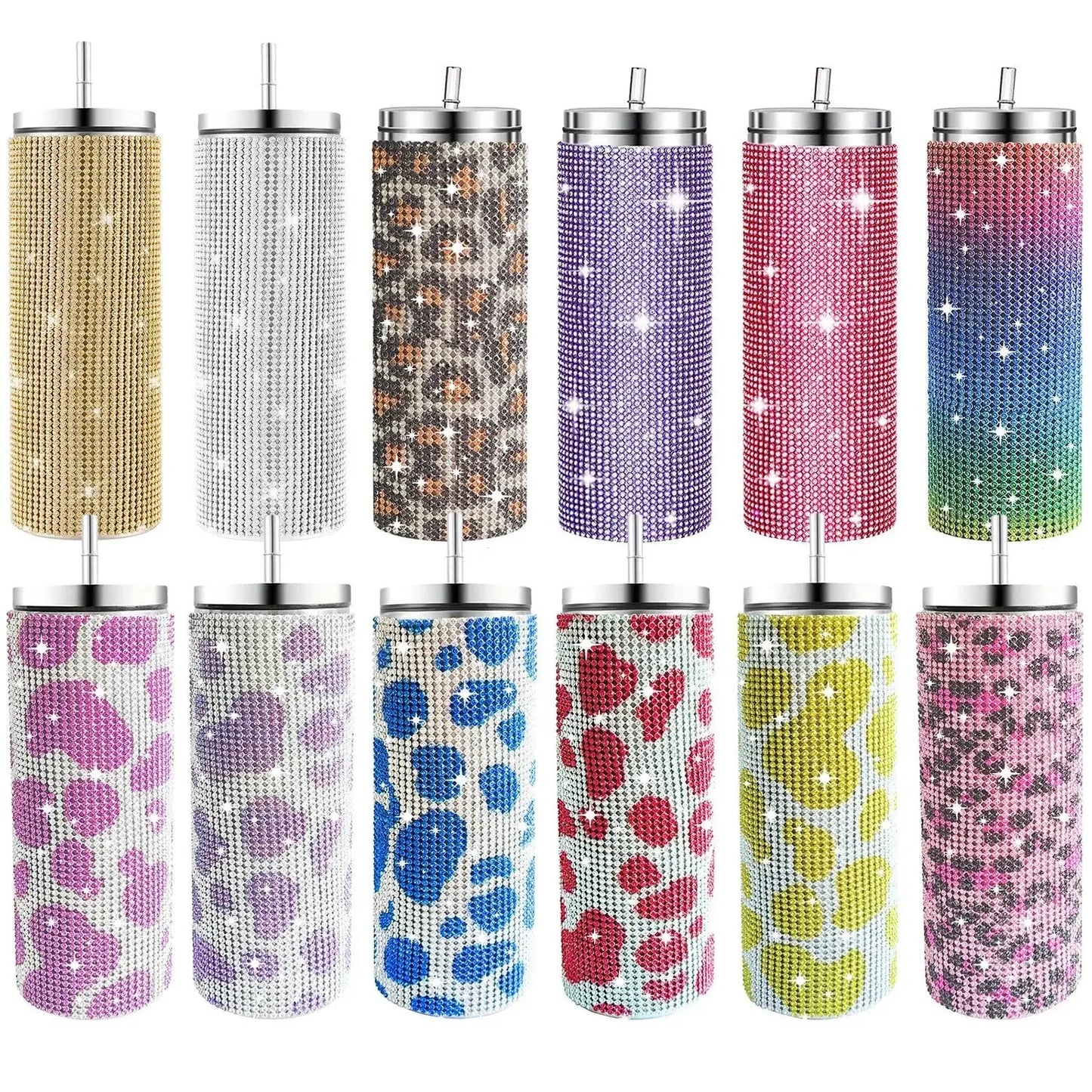 Collection of glittery tumblers with various patterns and colors.