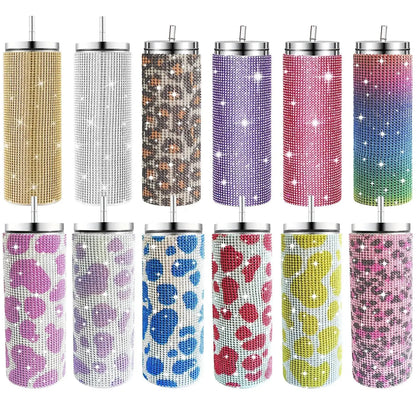 Collection of glittery tumblers with various patterns and colors.