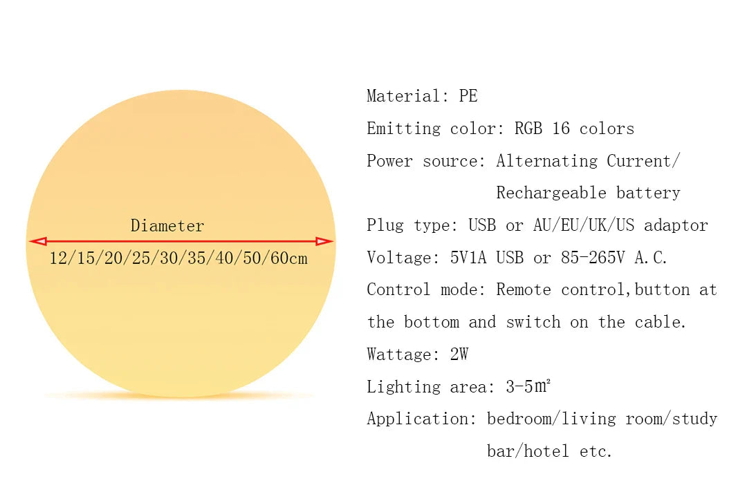Product specifications for a round LED light with text detailing material, color, power source, and dimensions.