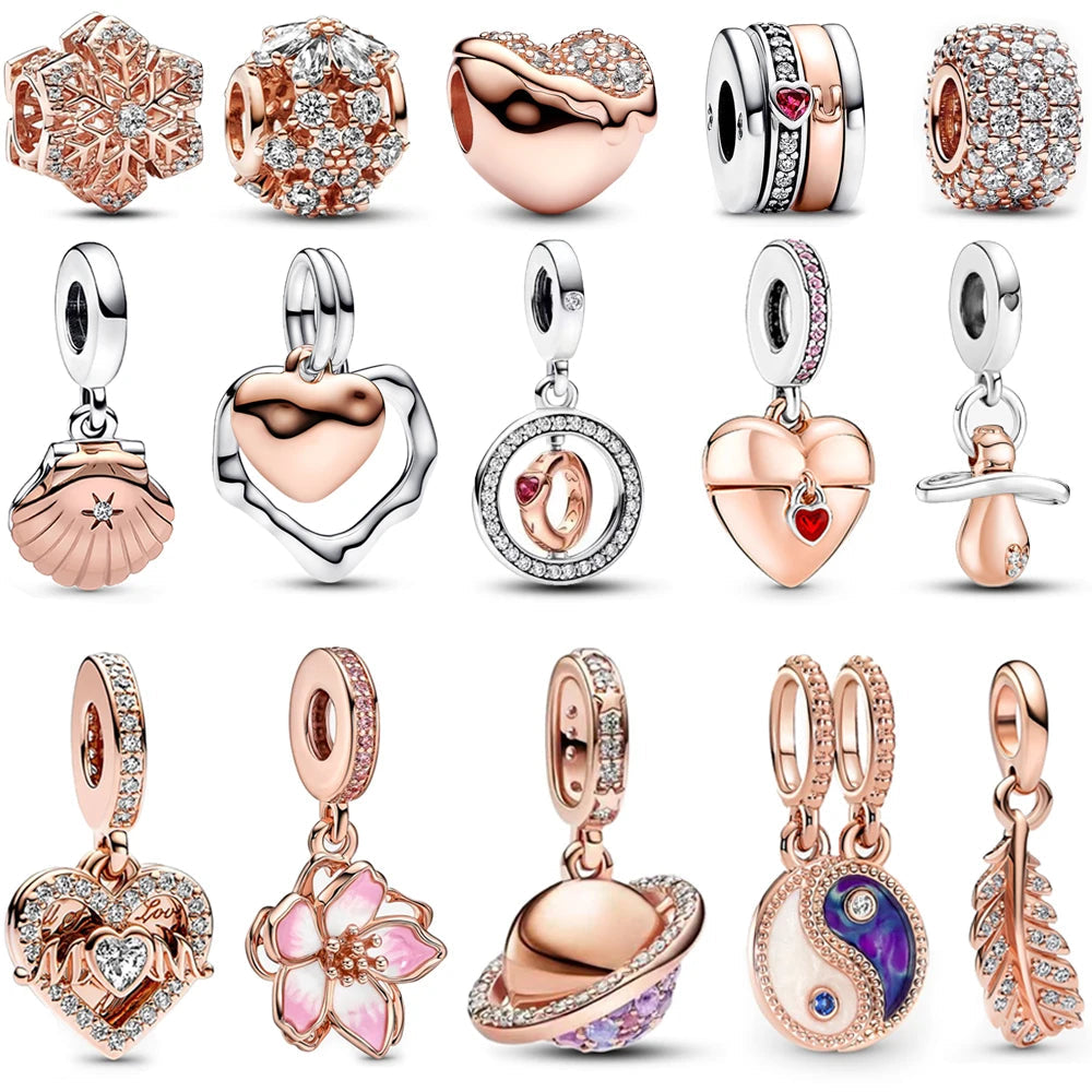 Sparkling Rose Gold Pavé Triple-row Beads Pink Gem Entwined Hearts Charm Fits Brand Bracelet Pure Ember