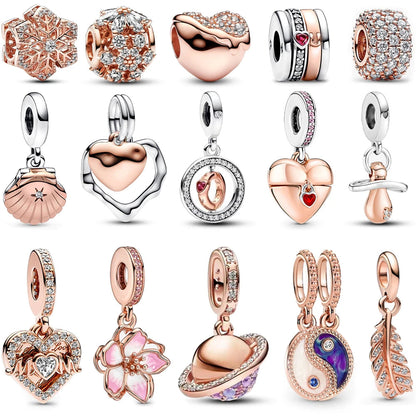 Sparkling Rose Gold Pavé Triple-row Beads Pink Gem Entwined Hearts Charm Fits Brand Bracelet Pure Ember