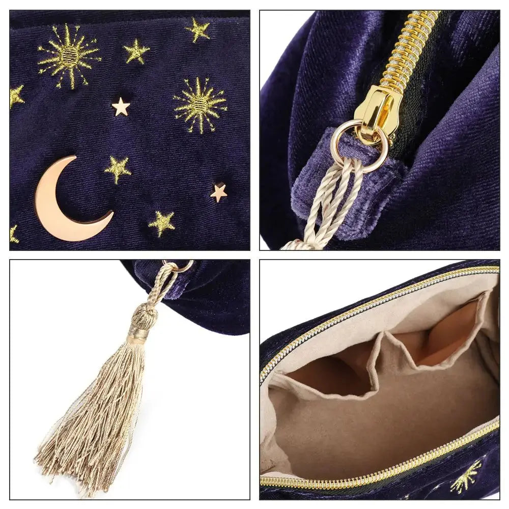 Collage of a purple pouch with star and moon embroidery, gold zipper, tassel, and open interior.