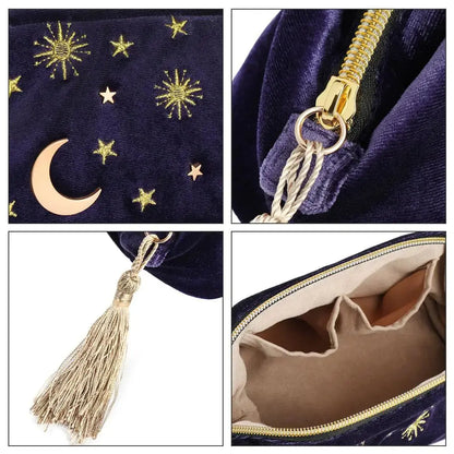 Collage of a purple pouch with star and moon embroidery, gold zipper, tassel, and open interior.