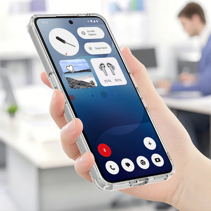 Hand holding a smartphone with a call interface displayed, blurred office background