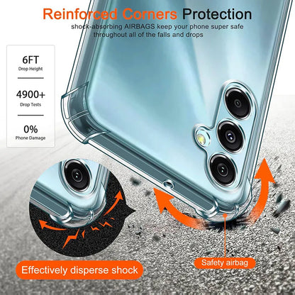 Phone case with reinforced corners and airbag protection features on a gray background