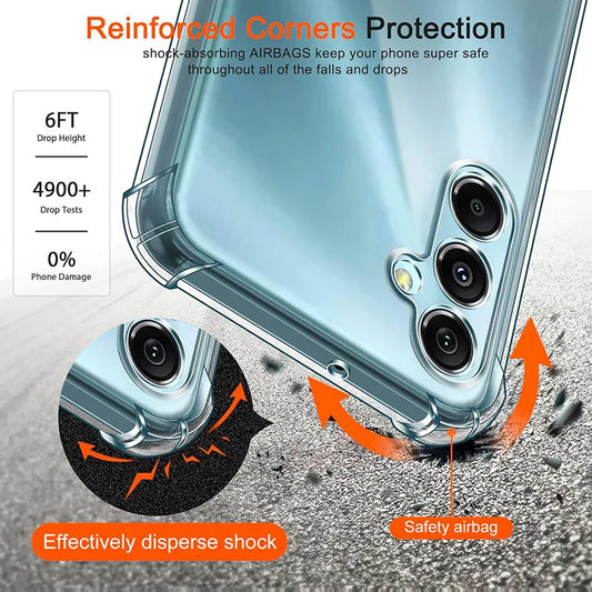 Phone case with reinforced corners and airbag protection features on a gray background