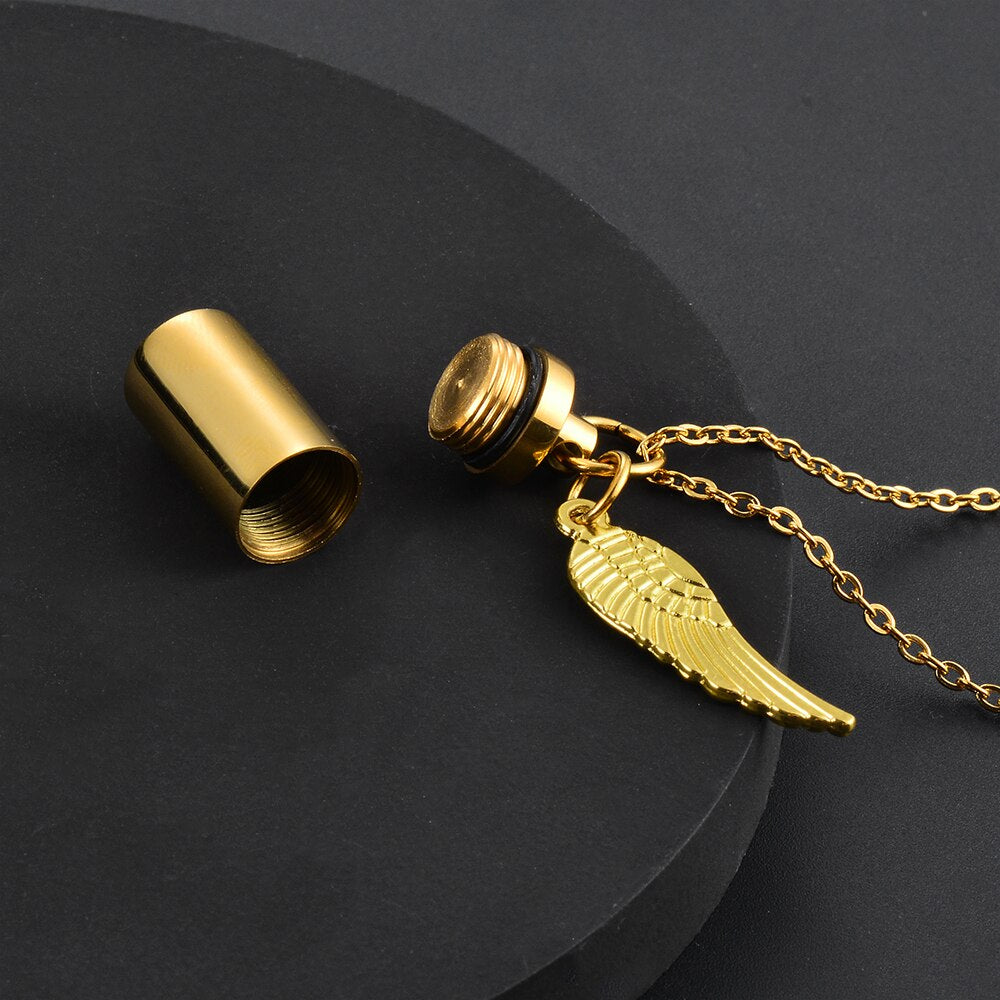 Cylinder Cremation Urn Necklace for Ashes with Angel Wing