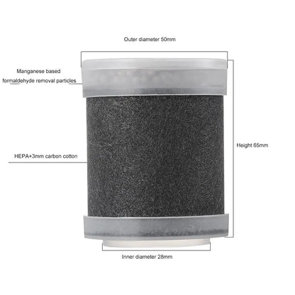 Filter cartridge with dimensions and material details on a white background