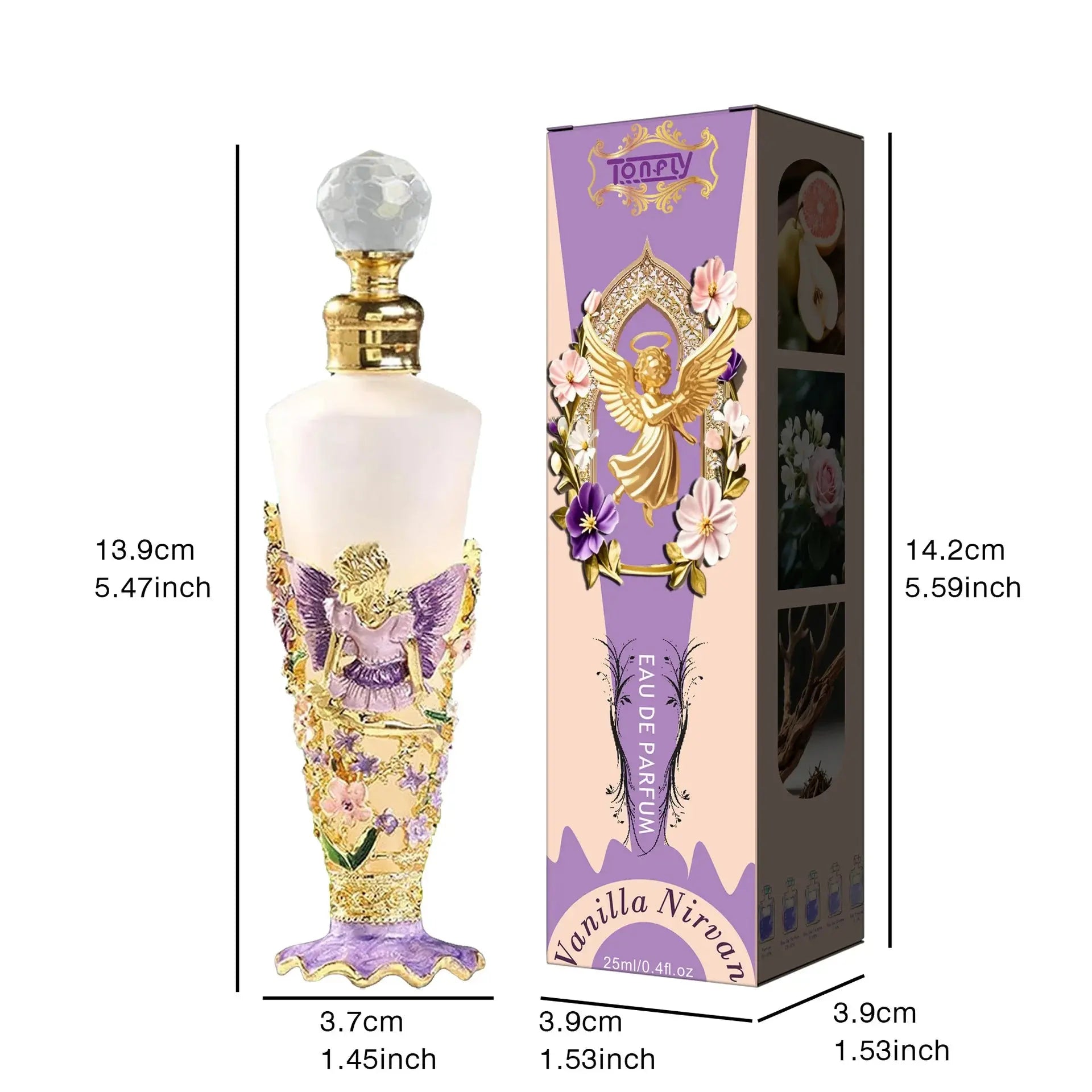 Vanilla Nirval perfume bottle and packaging with measurements
