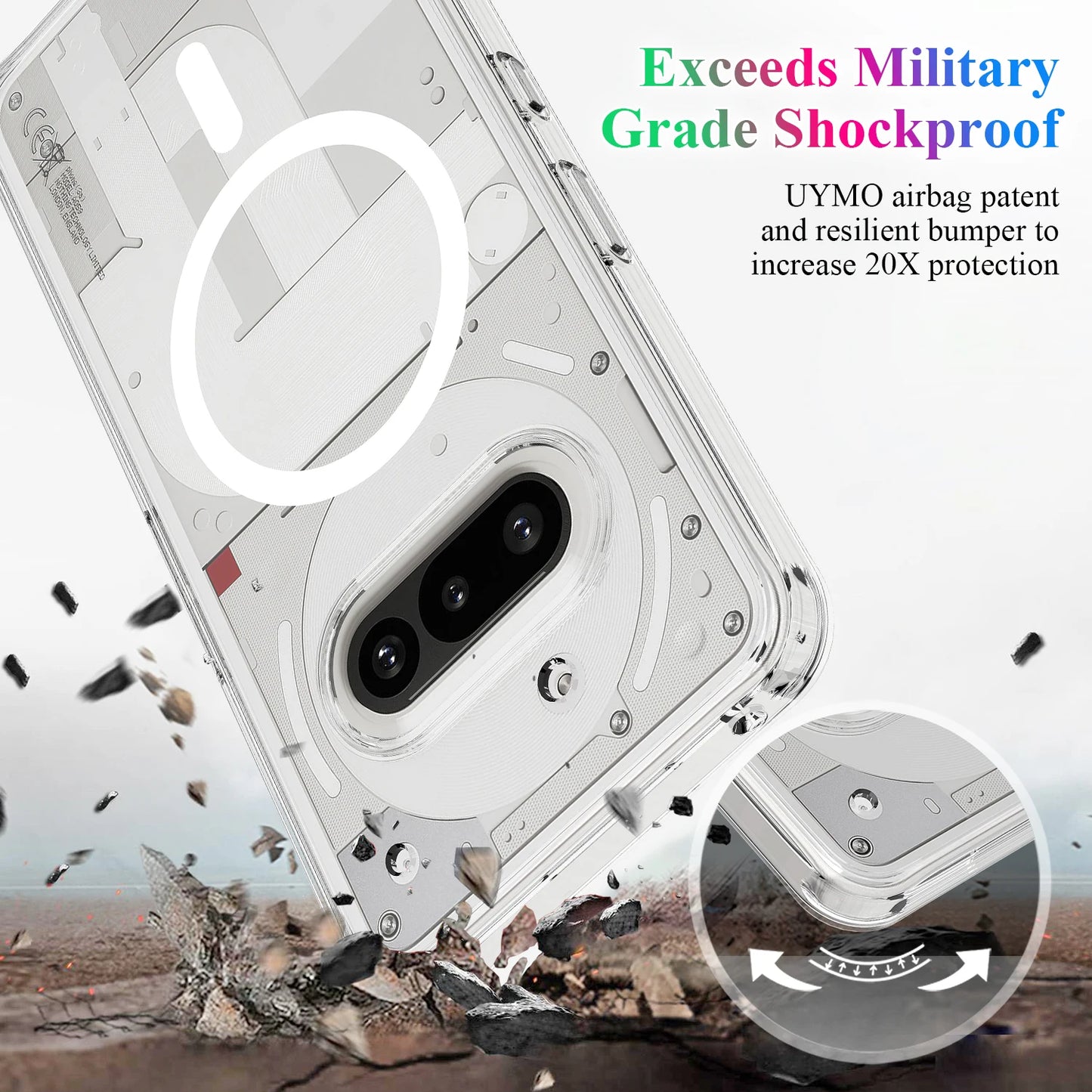 Phone case with shockproof features and military grade protection, showing airbag mechanism.