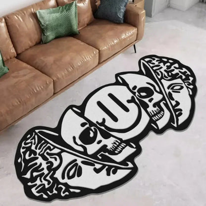 Decorative rug with skull design on a light-colored floor next to a brown leather sofa.