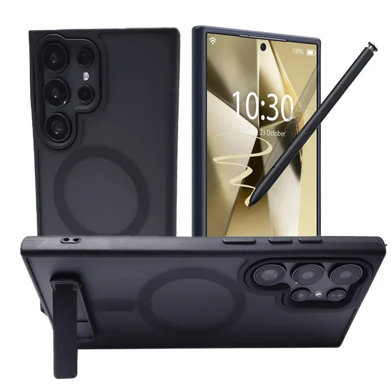 Smartphone with stylus and black stand on a white background