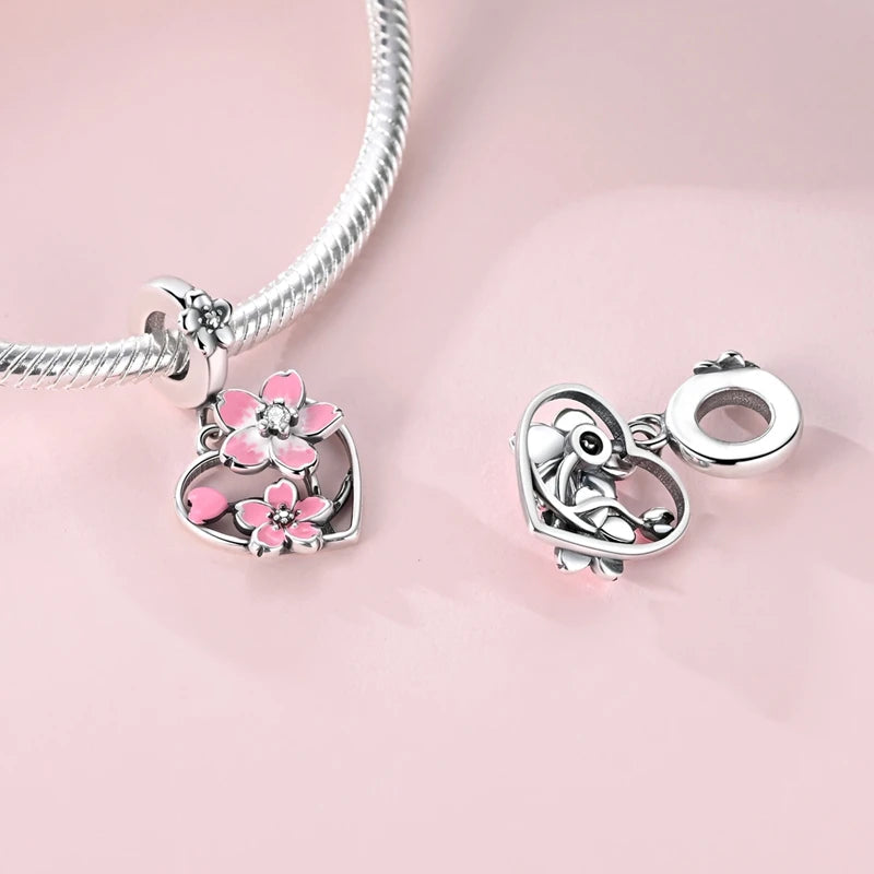 925 Sterling Silver Pink Charms Bead Butterfly Fairy Elephant Fox Pendants Pure Ember