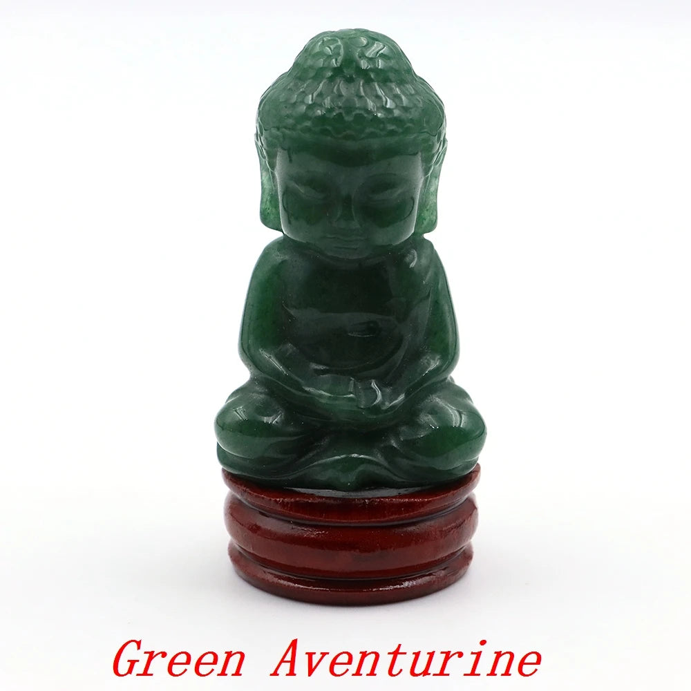 Green aventurine Buddha statue on a wooden stand with 'Green Aventurine' text.