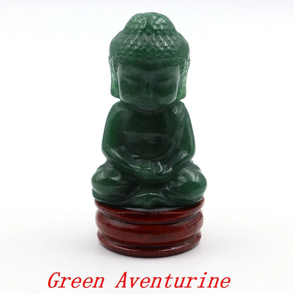 Green aventurine Buddha statue on a wooden stand with 'Green Aventurine' text.