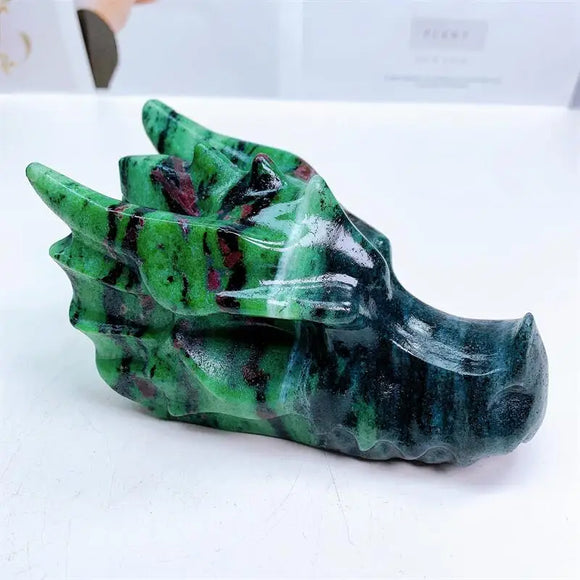 15CM Natural Crystal Ruby In Zoisite Carved Dragon Head fung shui
