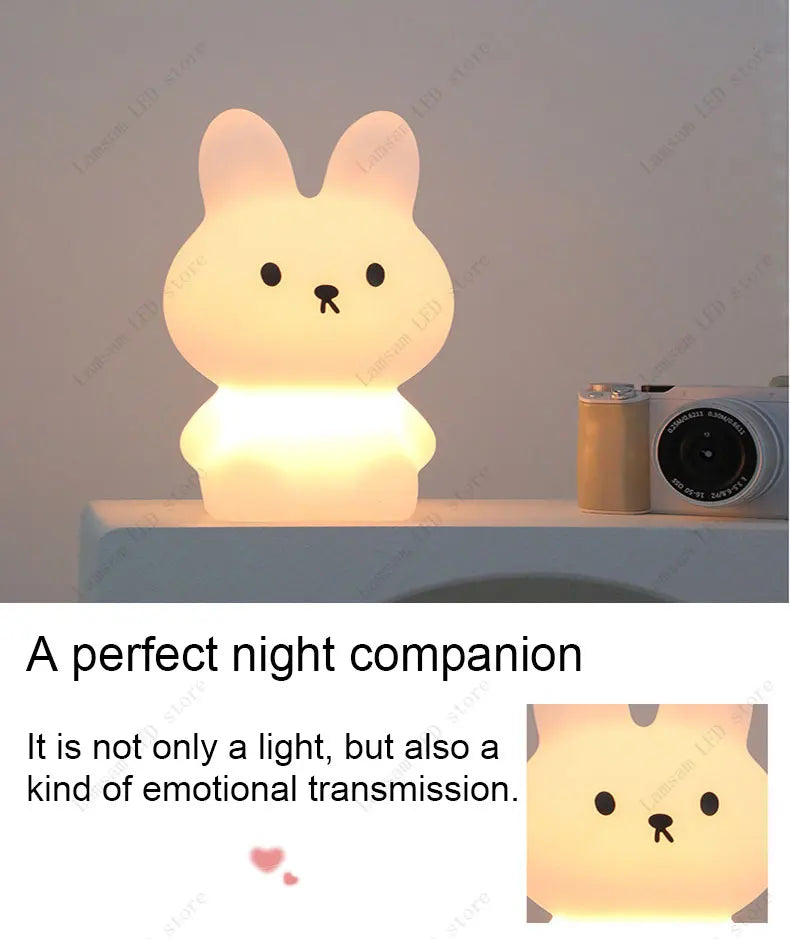 Cute rabbit-shaped night light on a table with text about it being a perfect night companion.