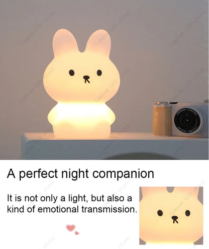 Cute rabbit-shaped night light on a table with text about it being a perfect night companion.