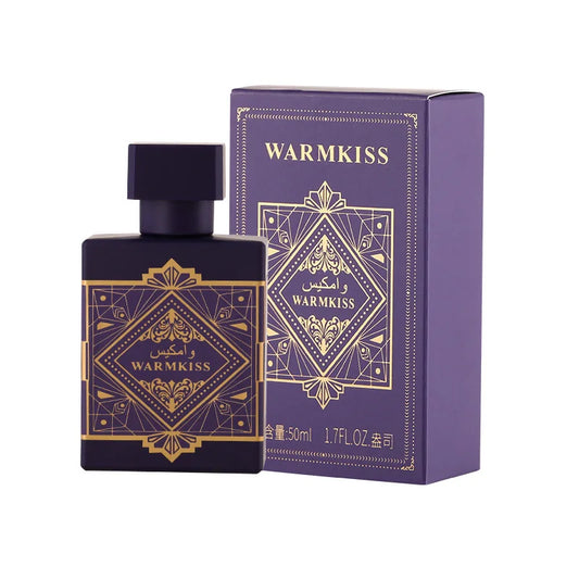 Perfume bottle and packaging of Warmkiss on a white background