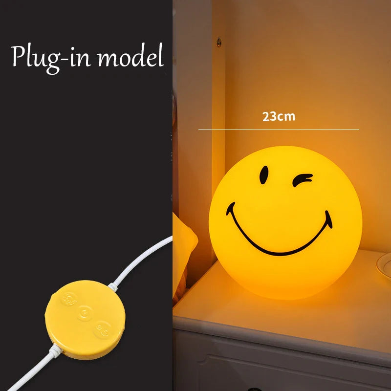 Smiley face night light with plug-in model and measurement on a dark background