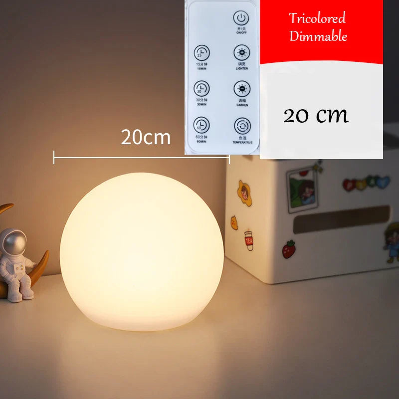 Round night light with remote control and dimensions displayed