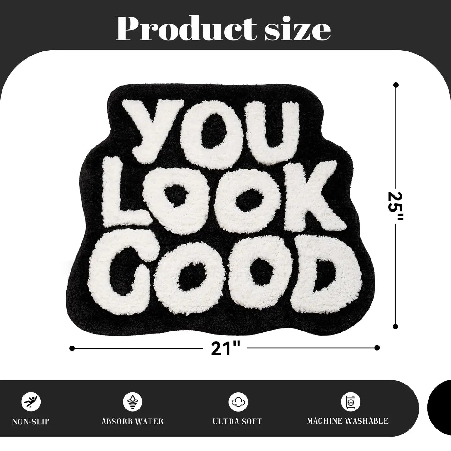 Textile product with 'YOU LOOK GOOD' text and measurements on a white background