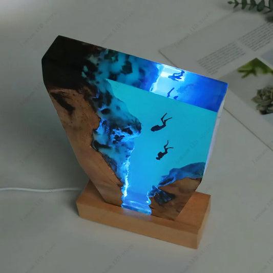 LED light box with underwater scene design on a white surface deep water scuba divers lamp
