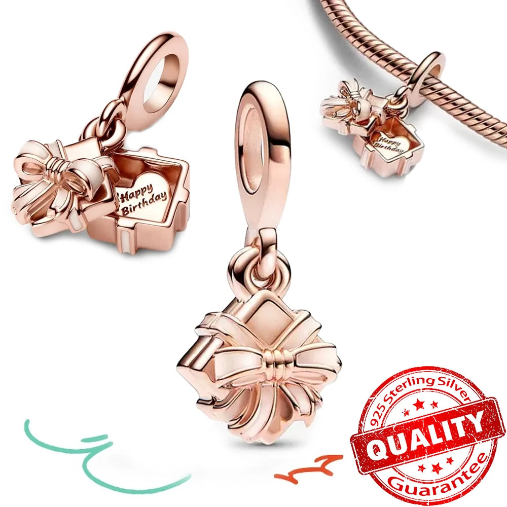 Sparkling Rose Gold Pavé Triple-row Beads Pink Gem Entwined Hearts Charm Fits Brand Bracelet Pure Ember
