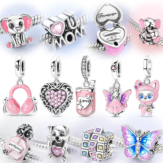 925 Sterling Silver Pink Charms Bead Butterfly Fairy Elephant Fox Pendants Pure Ember